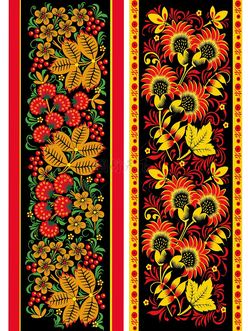  高清 传统 欧式俄式花边 花卉图案背景贴图 黑底黄红花边