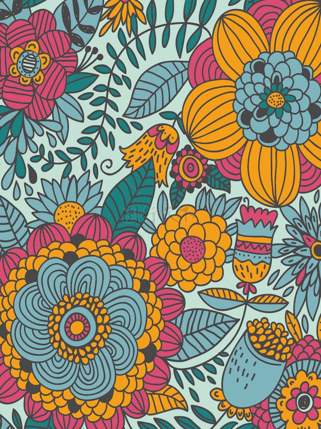 传统 欧式俄式花卉底图底纹  图案背景贴图 灰底多重彩色大艳花