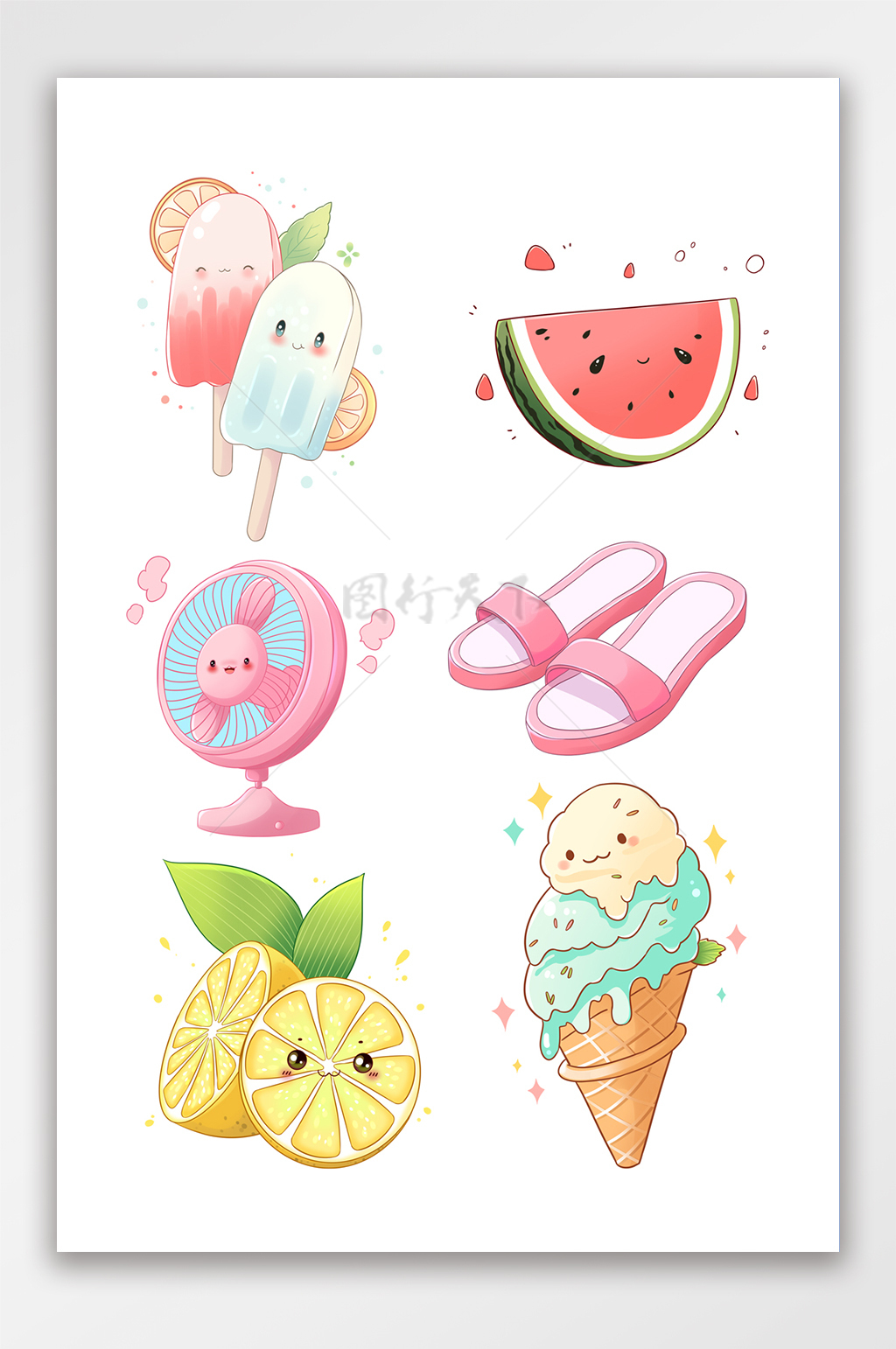 夏天夏日冰棍冰淇淋柠檬电风扇插画